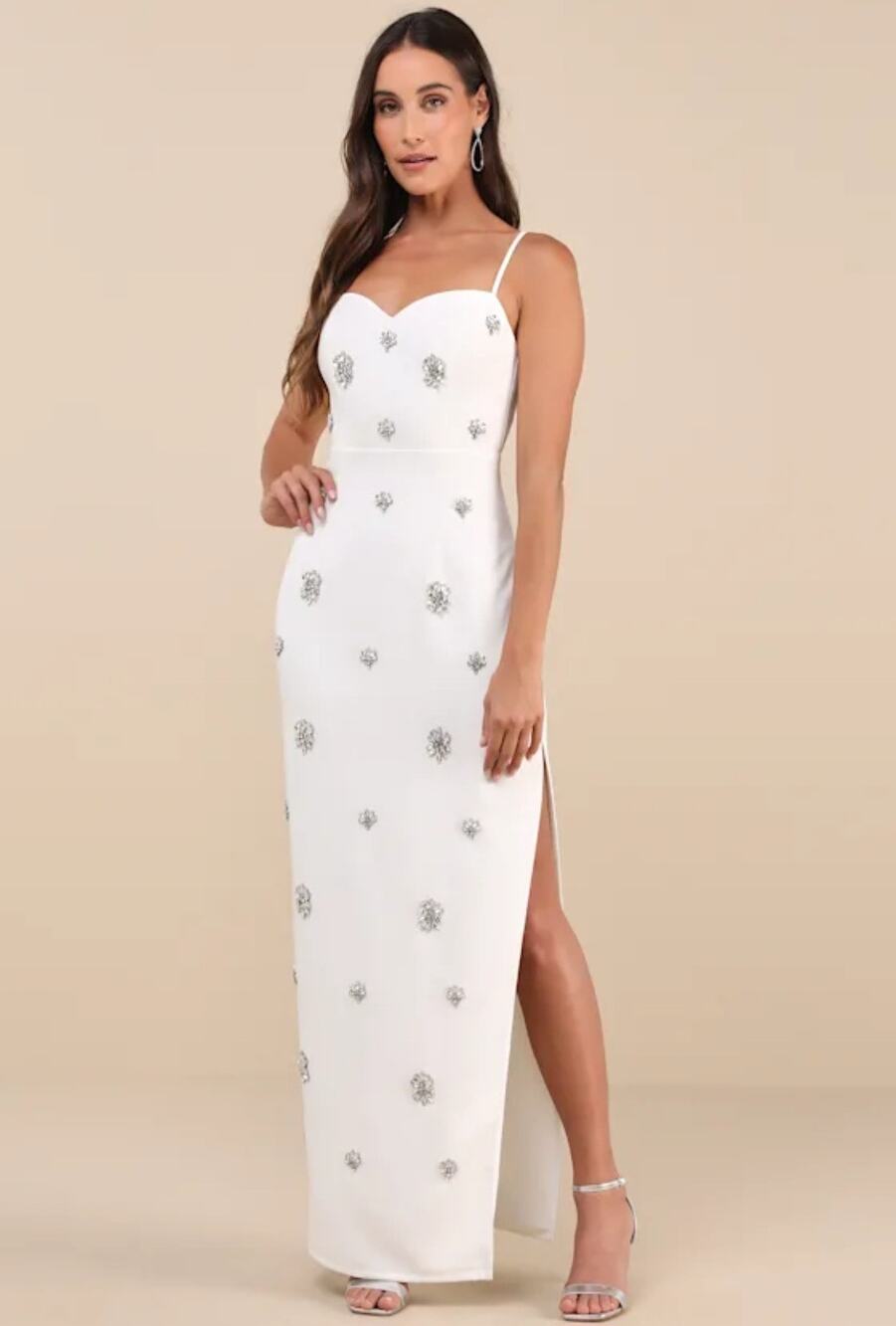 Lulus Completely Regal White Rhinestone Sleeveless Column Maxi Dress  Large